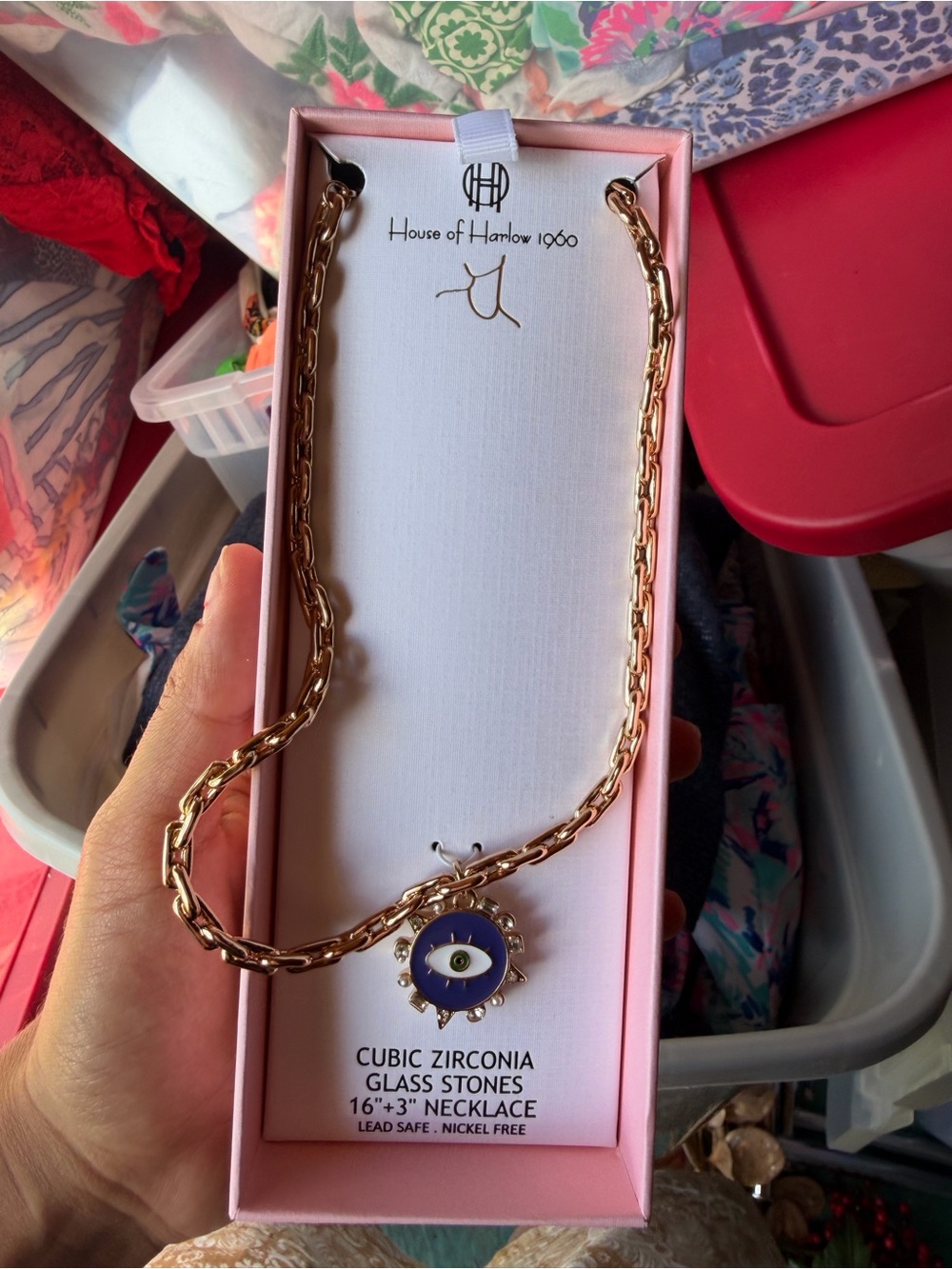 New in box House of Harlow 1960 Gold Chain Necklace with Blue Evil Eye Pendant